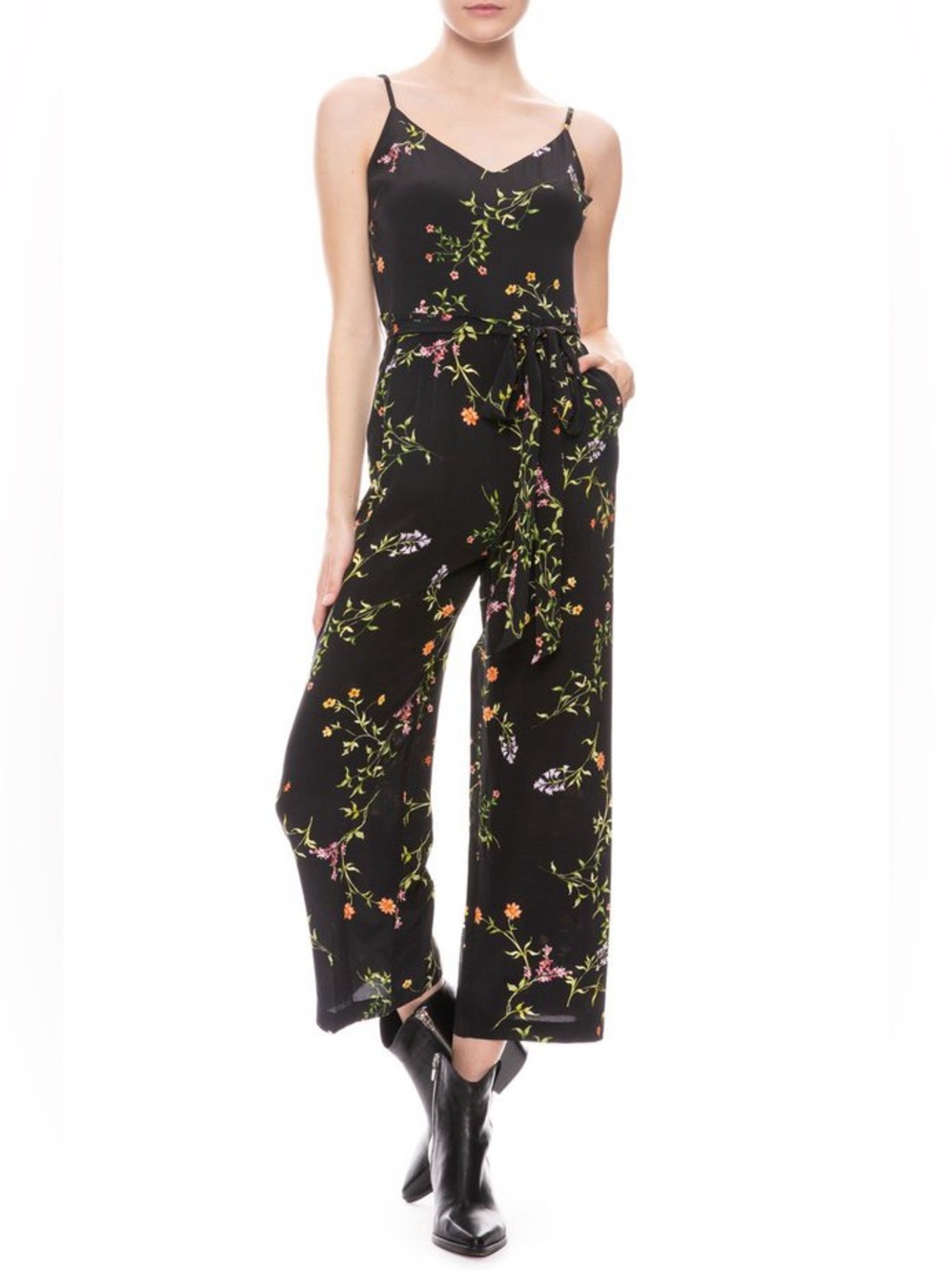 L’Agence 2 Black Floral 100% Silk Wide Leg Jumpsuit Tie Waist Spaghetti Strap
